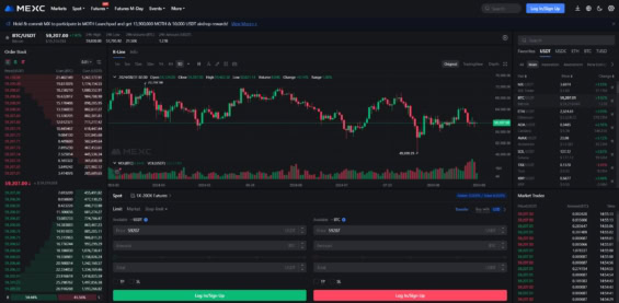 Defaultní prostředí burzy MEXC ve webovém prohlížeči