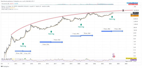 Historický, logaritmický graf Bitcoinu