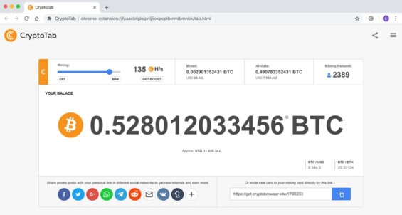 Těžba BTC v prohlížeči CryptoTabBrowser