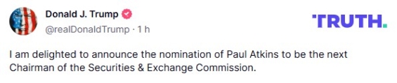 Donald Trump oznámil Atkinsovo jmenování na síti Truth Social
