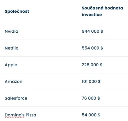 Jakou hodnotu by nyní mělo 1 000 investovaných dolarů do těchto společností v roce 2004?