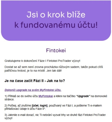 Email s gratulací po splnění první fáze challenge