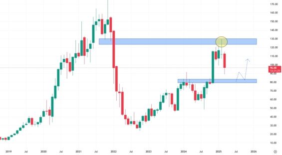 Měsíční akciový graf společnosti Shopify