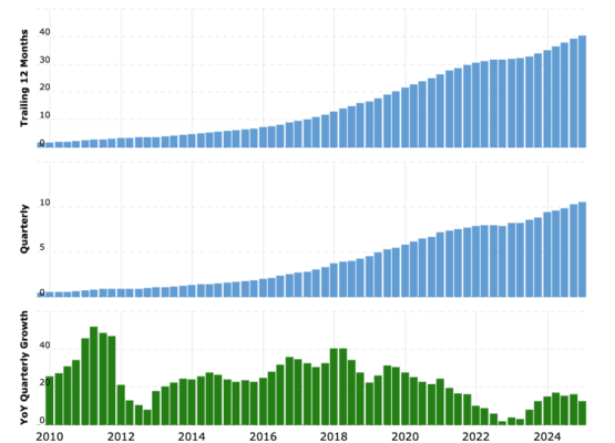 Dlouhodobý vývoj výše tržeb Netflixu