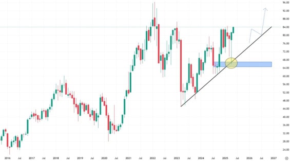 Měsíční akciový graf společnosti Charles Schwab