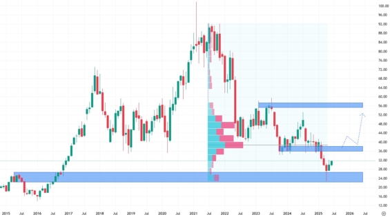 Měsíční akciový graf společnosti Cognex