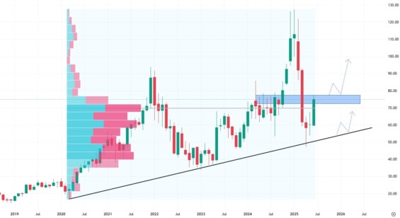 Měsíční akciový graf společnosti Marvell Technology
