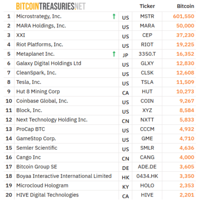 Top 20 společností na burze držících nejvíce bitcoinů