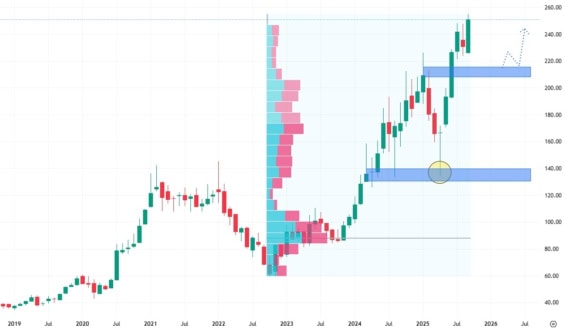 Měsíční akciový graf společnosti Taiwan Semiconductor