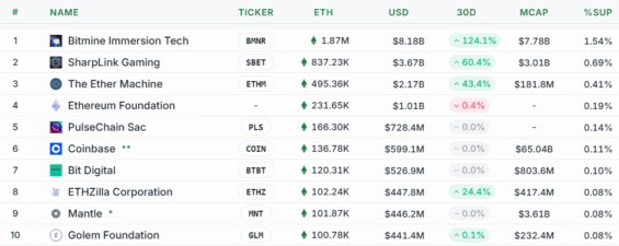 Top 10 entit vlastnících nejvíce ETH