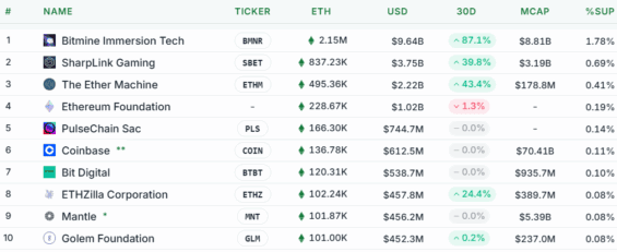 Top 10 entit vlastnících nejvíce ETH