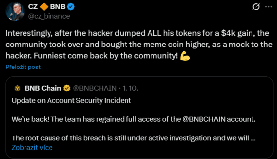 Zmiňovaný příspěvek na síti X Changpenga Zhaa