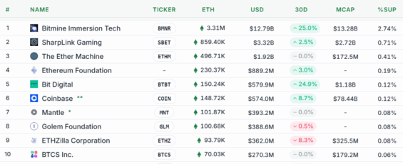Top 10 entit vlastnících nejvíce ETH