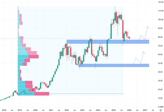 Měsíční akciový graf společnosti Fortinet