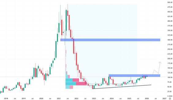 Měsíční akciový graf společnosti Roku