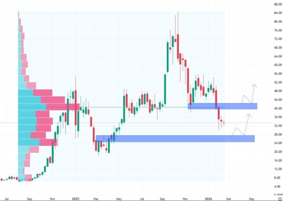 Týdenní akciový graf společnosti IONQ
