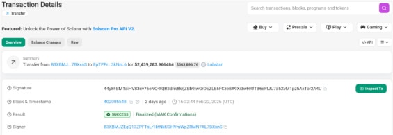 Transakce peněženky Lobstar na Solscan