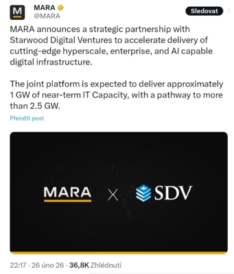MARA oznamuje partnerství se Starwood Digital Ventures pro rozvoj datové infrastruktury