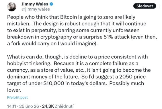 Zakladatel Wikipedie komentuje budoucnost Bitcoinu