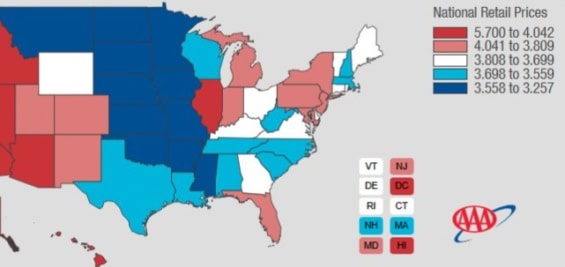Mapa cen pohonných hmot v USA podle jednotlivých států