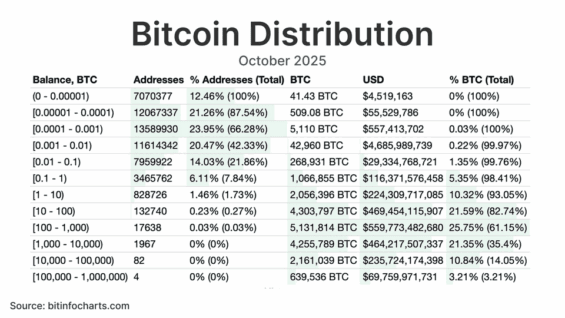 Distribuce Bitcoinu napříč adresami dle velikosti.