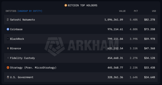 Největší držitelé Bitcoinu v roce 2026.