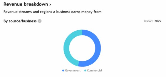 Složení příjmů Palantiru za rok 2025 – komerční a vládní zakázky.