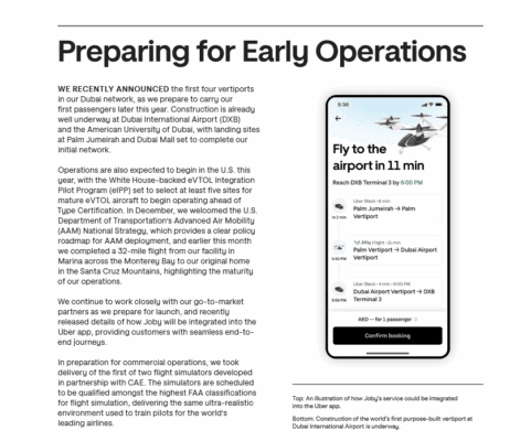 Vizualizace, jak by mohla být přeprava od Joby Aviation integrována v Uberu.