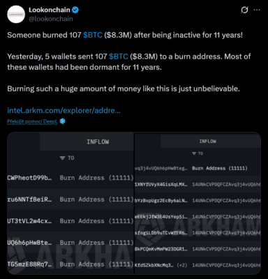 Příspěvek na síti X od Lookonchain ohledně podivné transakce.
