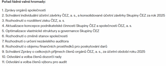 Program valné hromady ČEZu