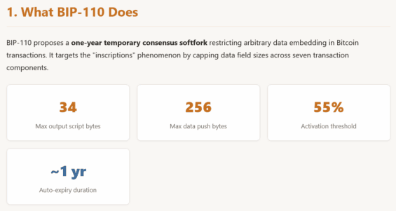 Základní informace o dočasném soft forku BIP-110 pro Bitcoin.