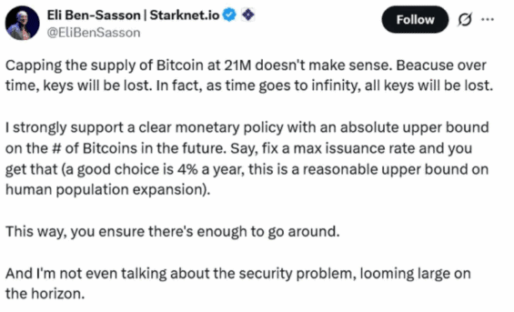 Příspěvek na X ze strany Eliho Ben-Sassona ohledně návrhu na inflaci BTC.