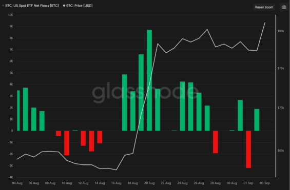 Toky kapitálu do spotových BTC ETF za poslední měsíc.