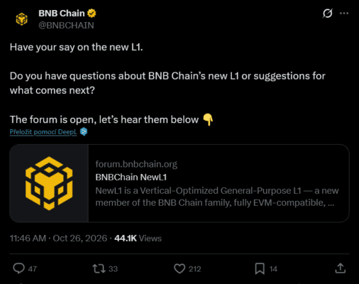 Příspěvek Binance k novému blockchainu. Více info na bnbchain.org.